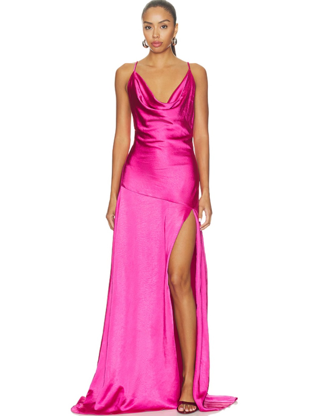 Elliatt Pink Satin Cowl Neck Maxi Dress with High Slit